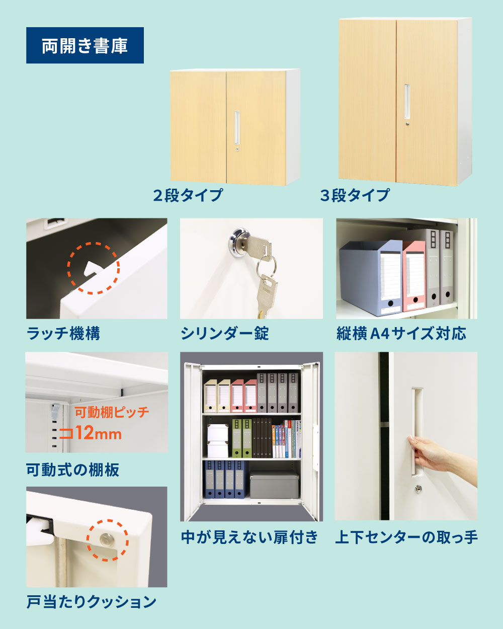 ラッチ機構やシリンダー錠など両開き書庫の機能紹介