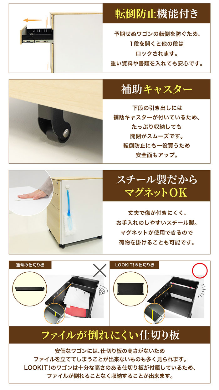 転倒防止機能 補助キャスター ファイルが倒れない仕切り板