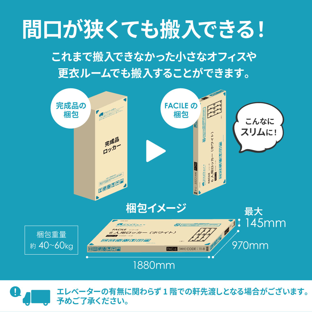 間口が狭くても搬入できるスリム梱包