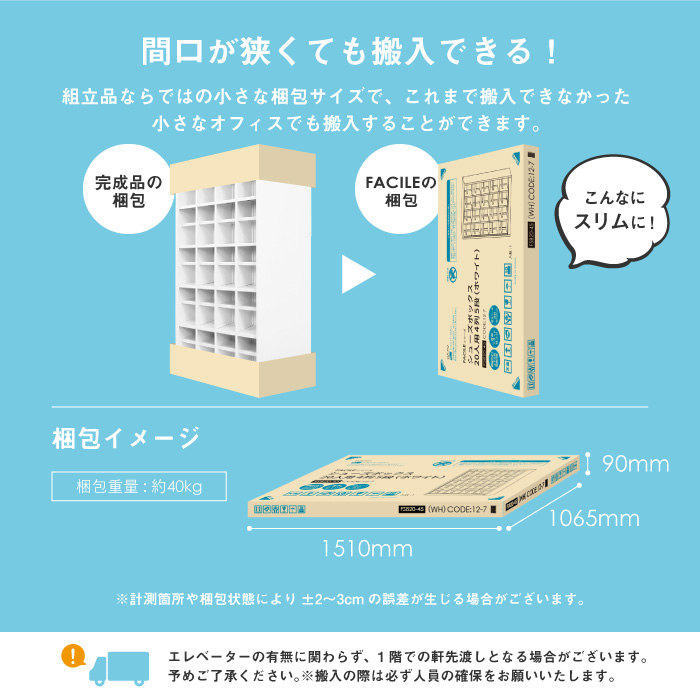 間口が狭くても搬入可能 FACILEのスリム梱包