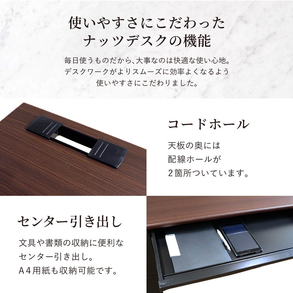 配線ホールやA4対応センター引出しなど事務効率を高めるこだわり機能の解説