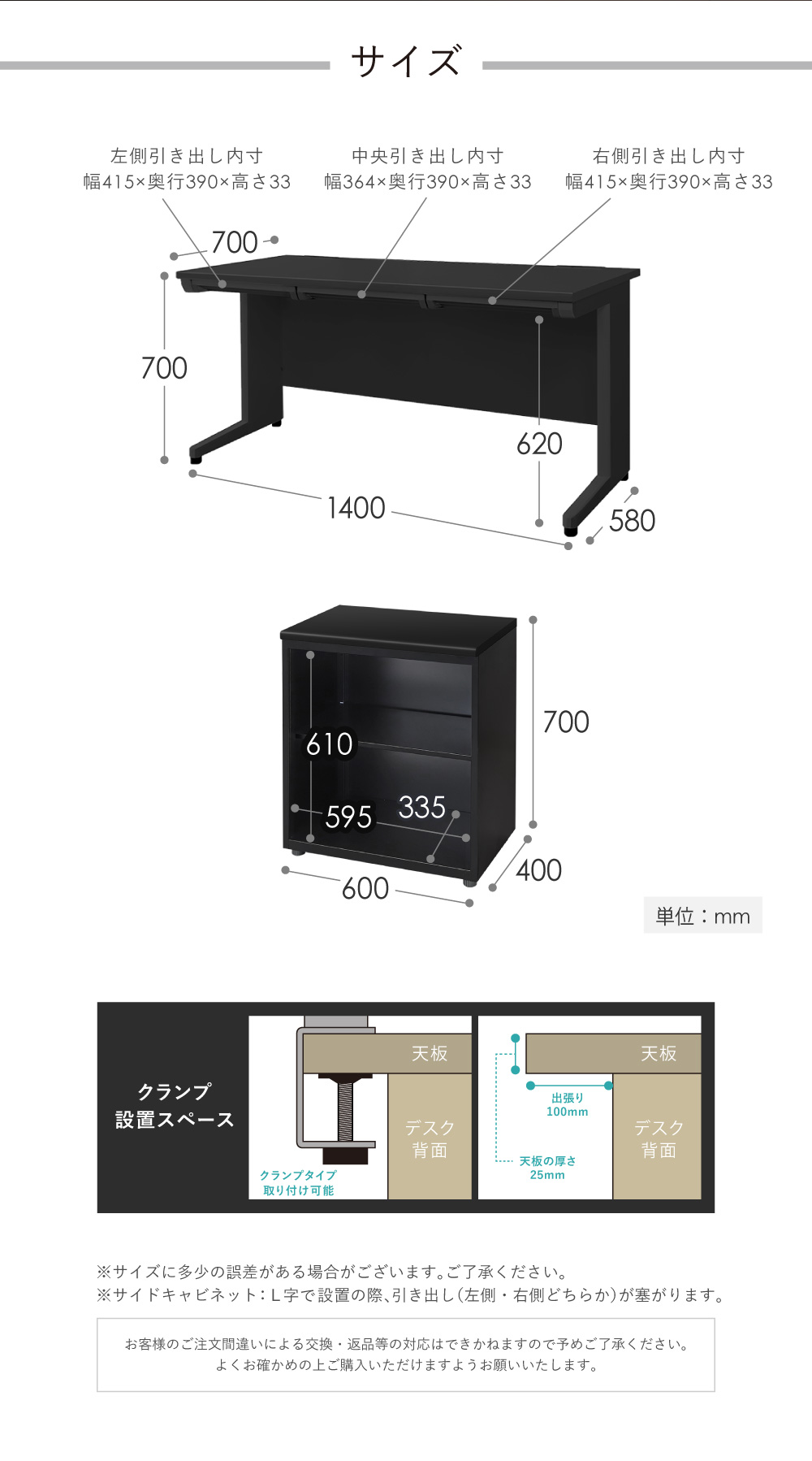 デスクとサイドキャビネットを組み合わせたL字設置時の詳細な製品寸法図