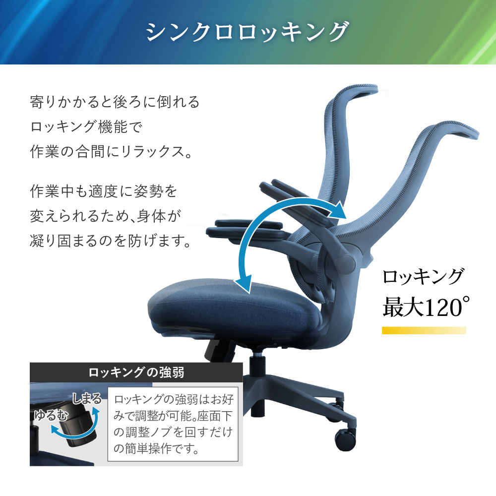 シンクロロッキング機能（最大120度・強弱調整可能）