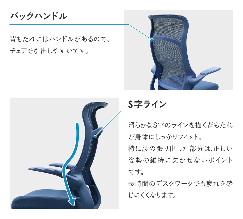 バックハンドル＆S字ラインの背もたれ