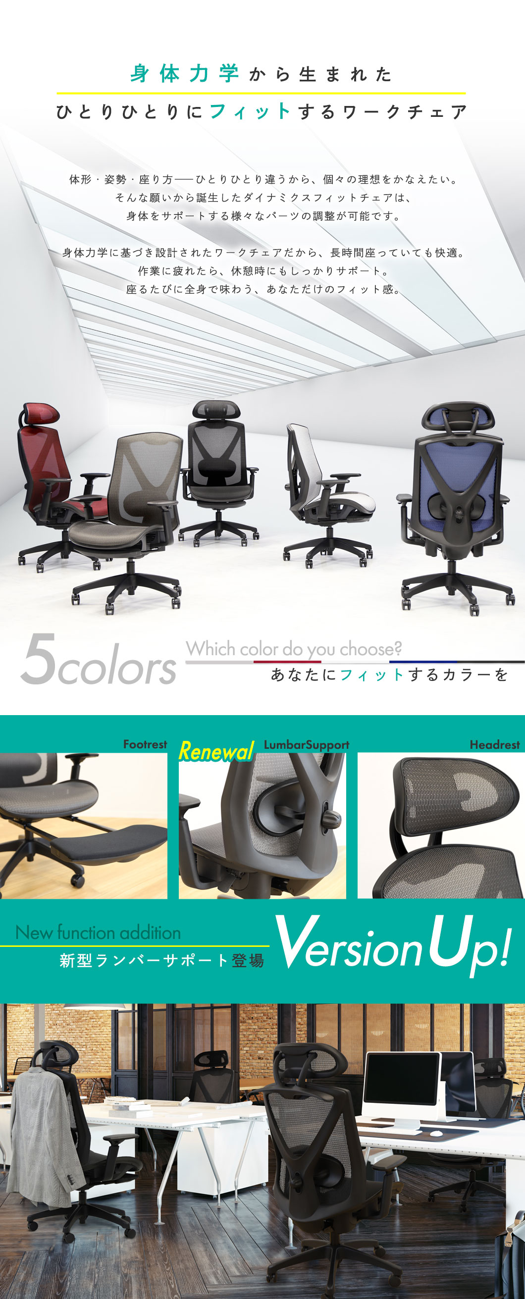 5色のカラー展開と新型ランバーサポートを搭載した高機能チェアの紹介
