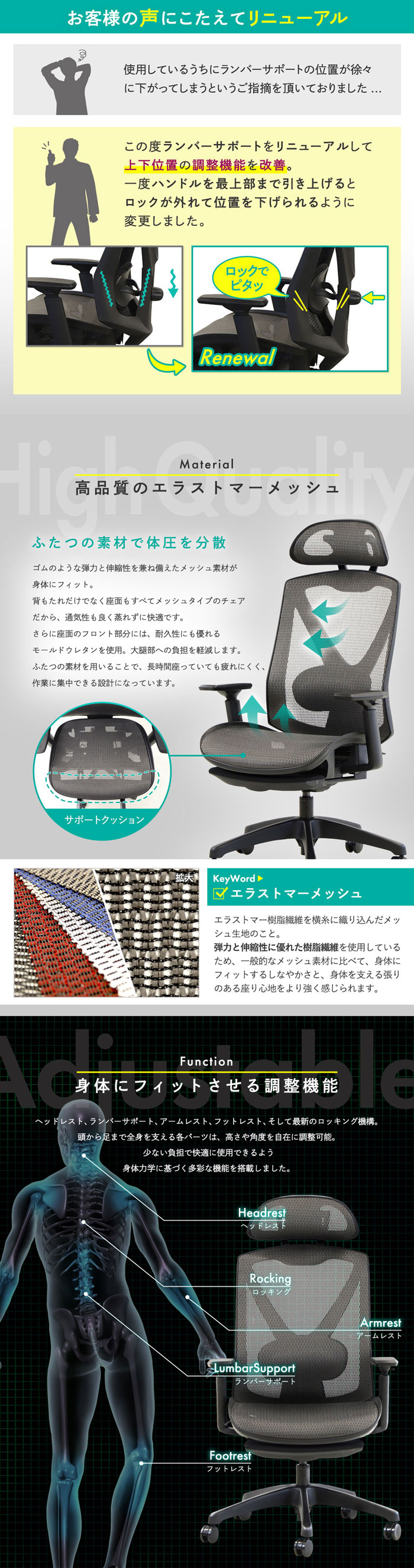 蒸れにくいエラスティーメッシュ素材と改良されたランバーサポートの解説