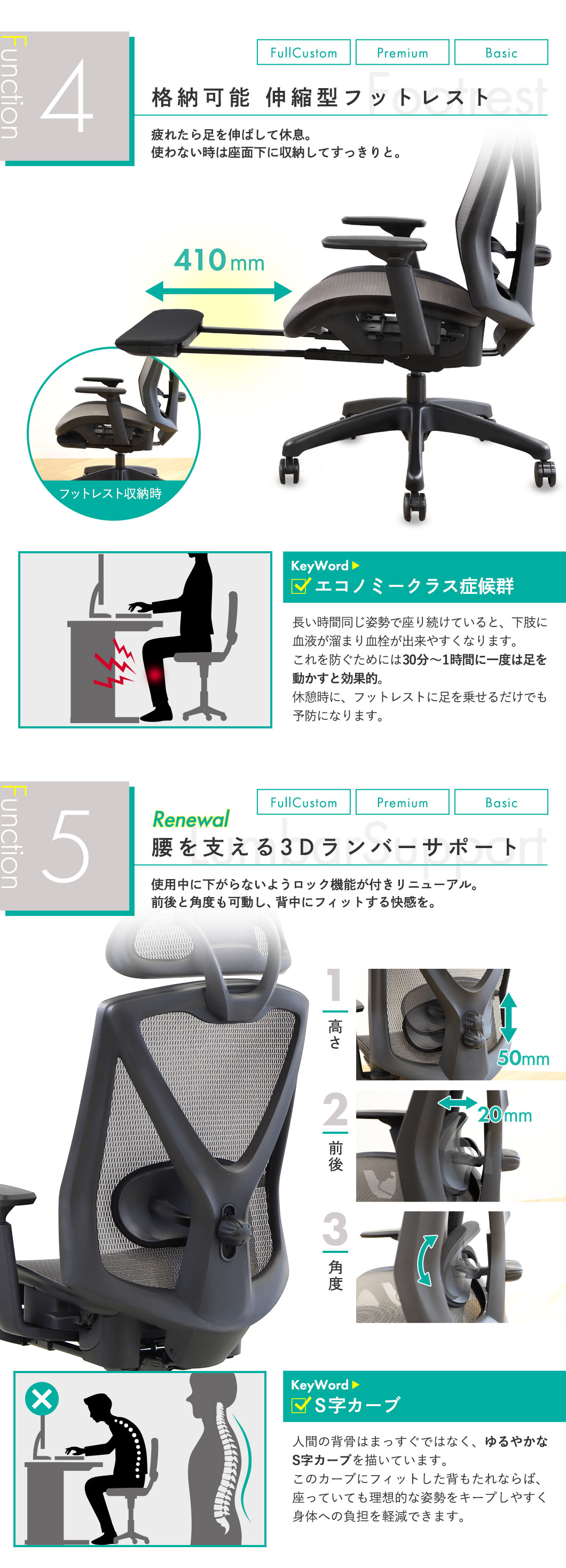 足を伸ばして休息できる伸縮型フットレストとS字カーブを支える腰サポート