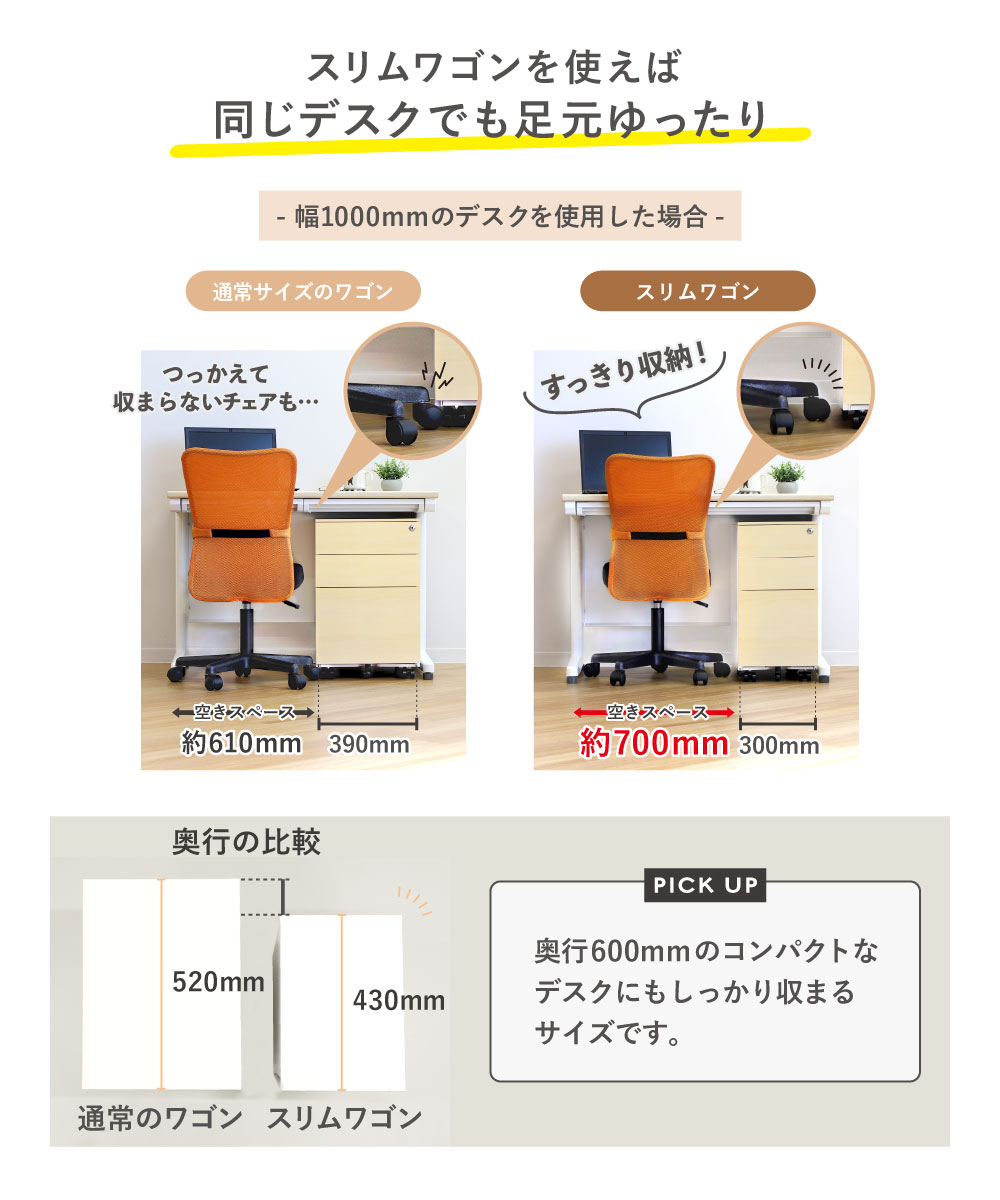 幅1000mmデスクでも足元ゆったり使えるスリム設計
