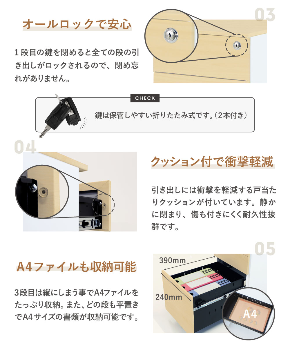 全段オールロック A4ファイル収納可 戸当たりクッション付き
