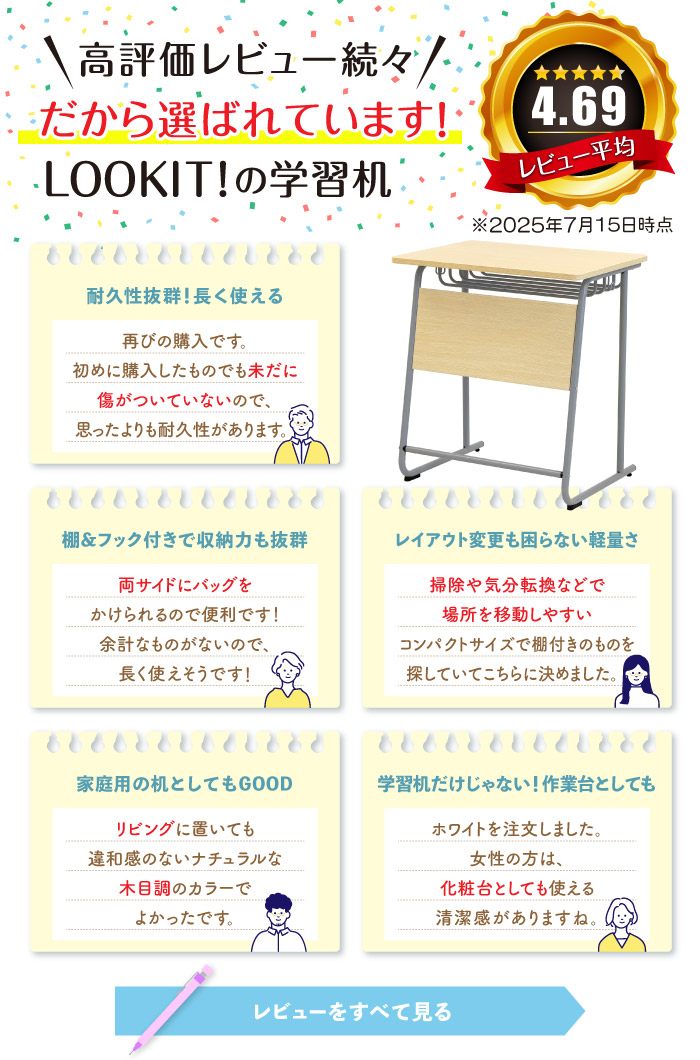 高評価レビュー多数。棚とフック付きで収納力抜群な丈夫な学習机
