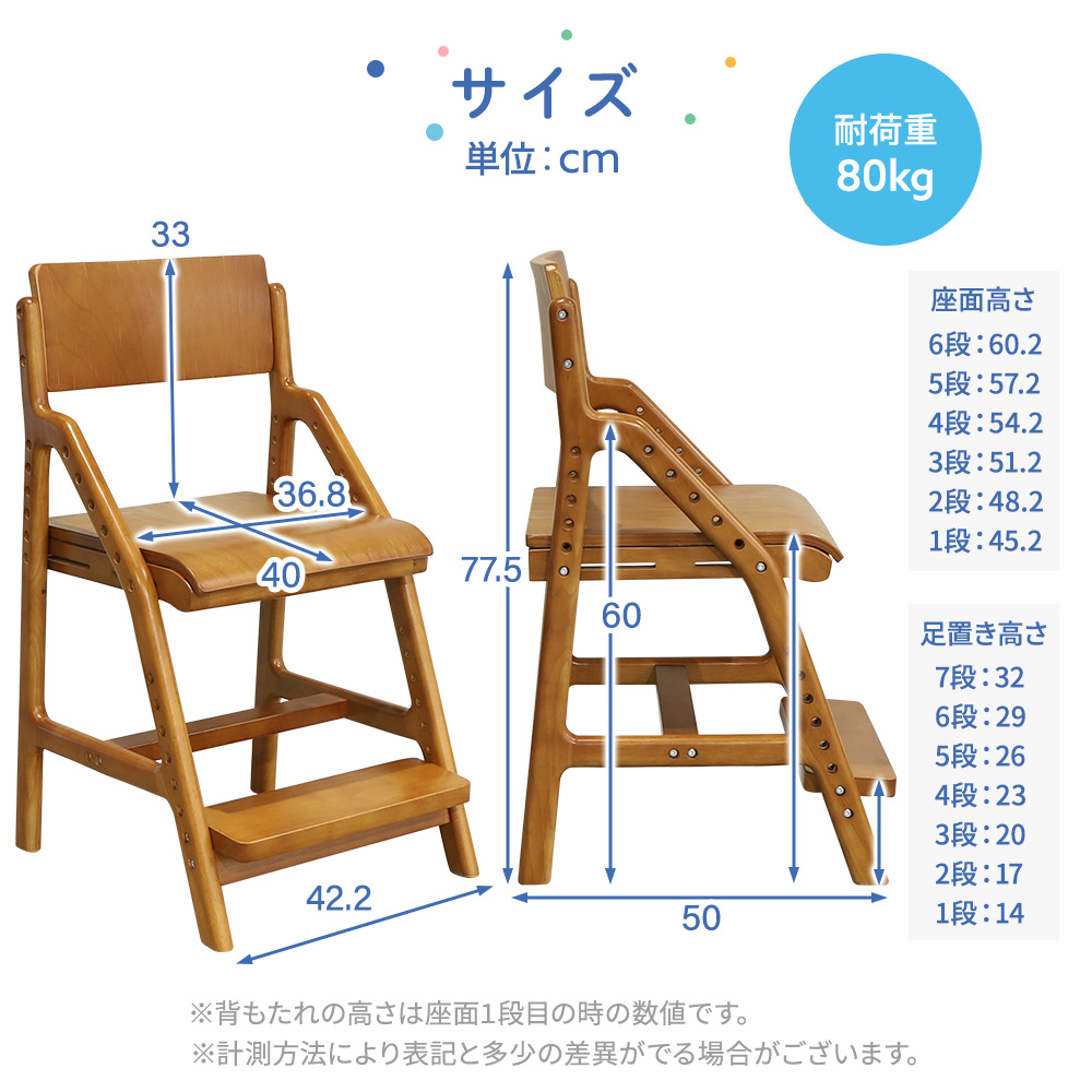 座面高さ6段階足置き高さ7段階調節のメッシュ Growing Chairのサイズ