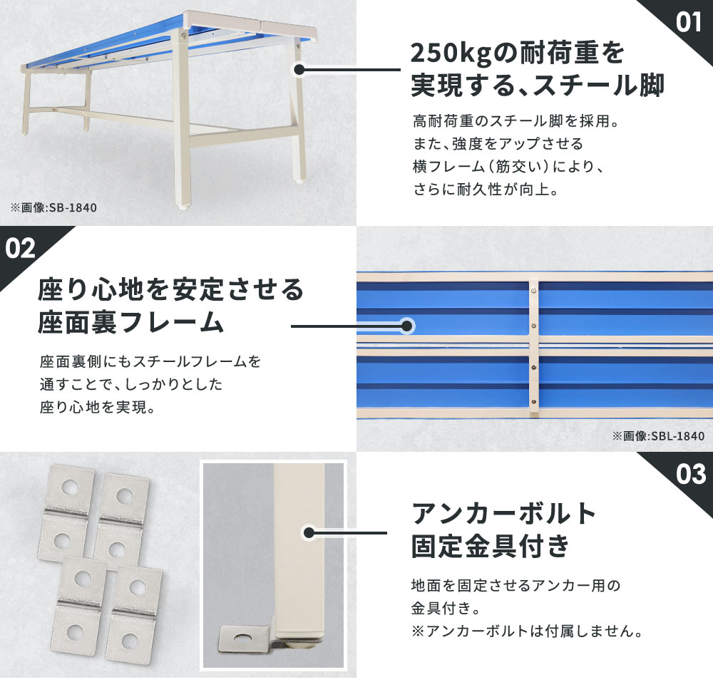 耐荷重250kg 高耐荷重のスチール脚＆座面裏フレーム。アンカーボルト固定金具付き。