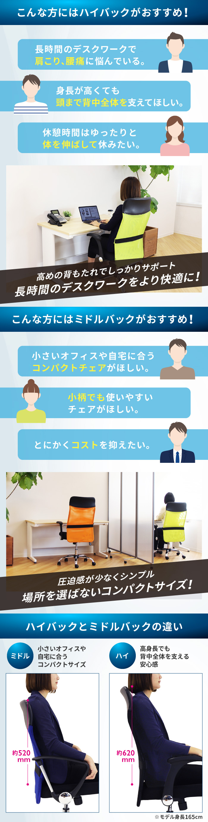 ハイバックとミドルバックの違い（モデル身長165cm）