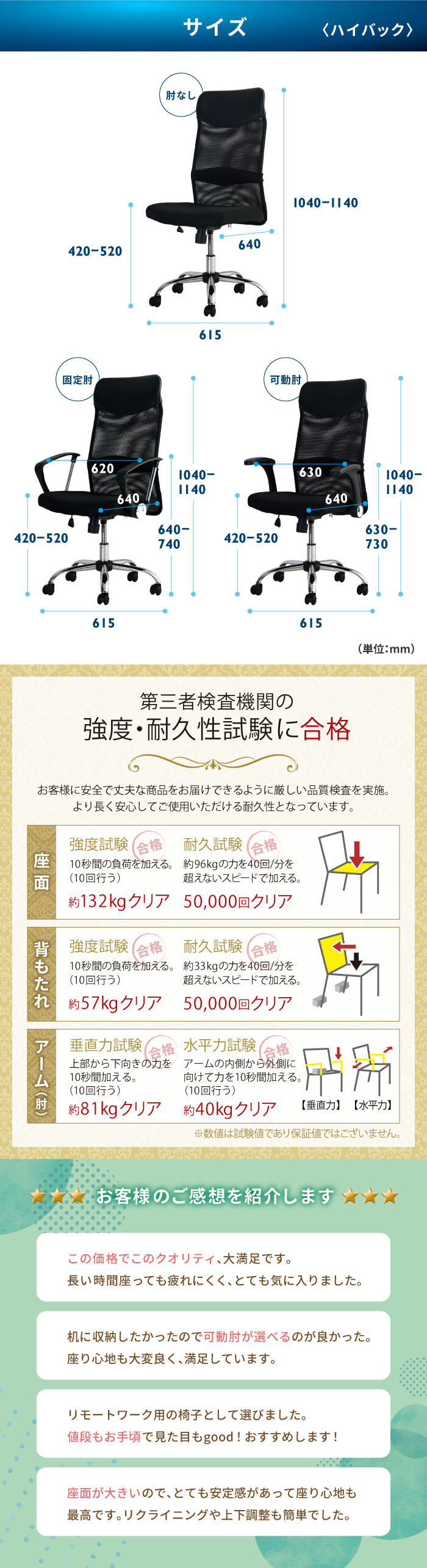 S-shape（ハイバック） サイズ図・強度耐久性試験・お客様レビュー