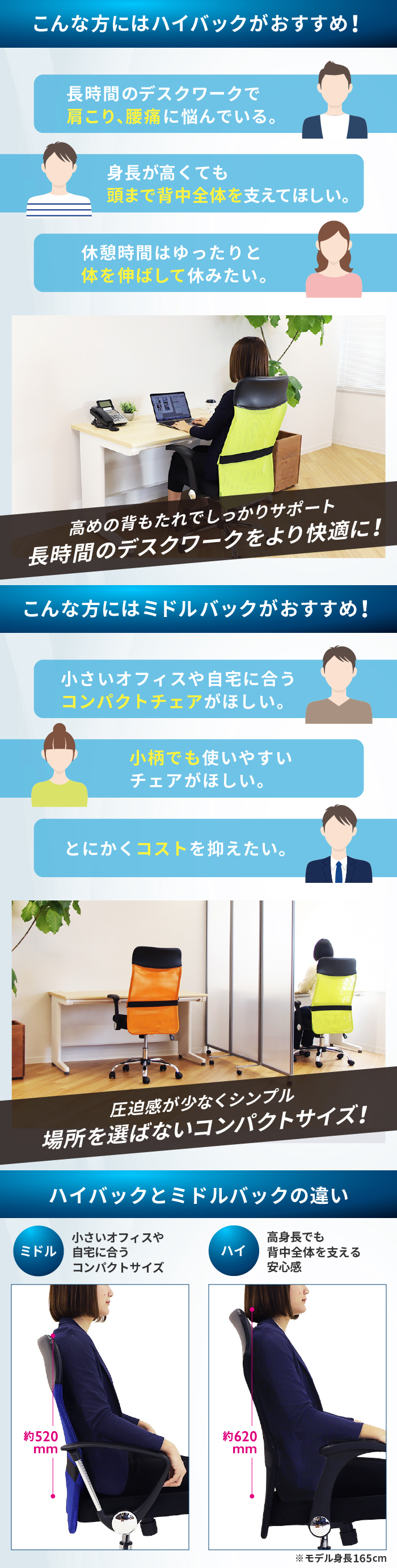 ハイバックとミドルバックの違い（モデル身長165cm）