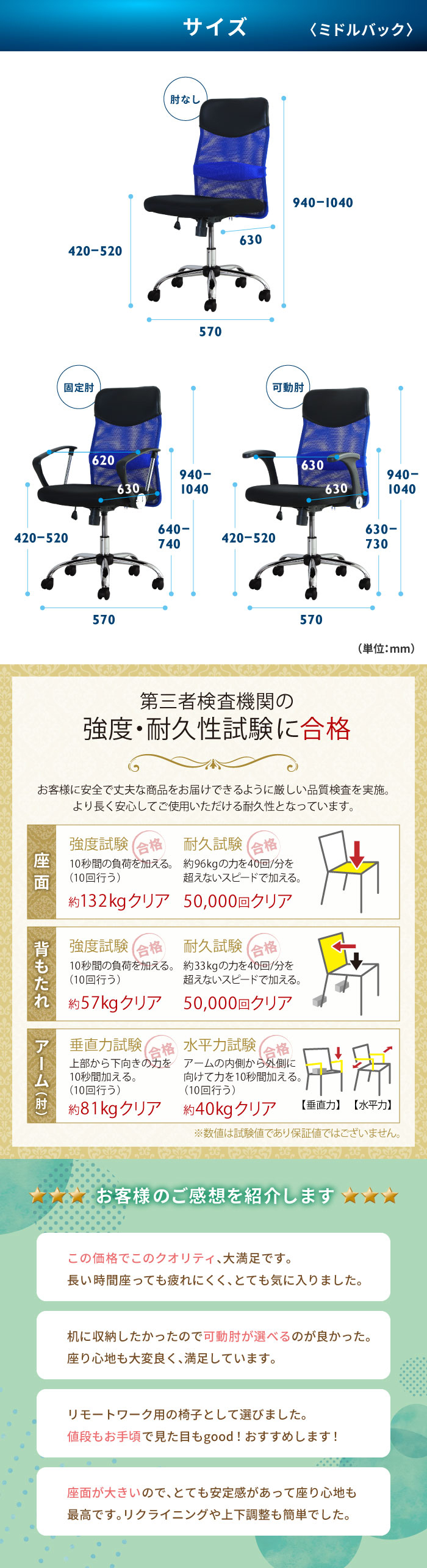 S-shape（ミドルバック） サイズ図・強度耐久性試験・お客様レビュー