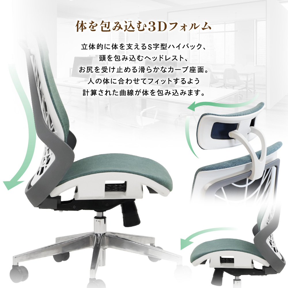 体を包み込む立体的な3Dフォルム S字型ハイバック