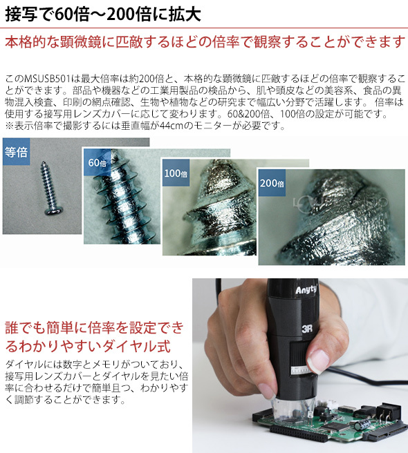 接写で60倍〜200倍に拡大 