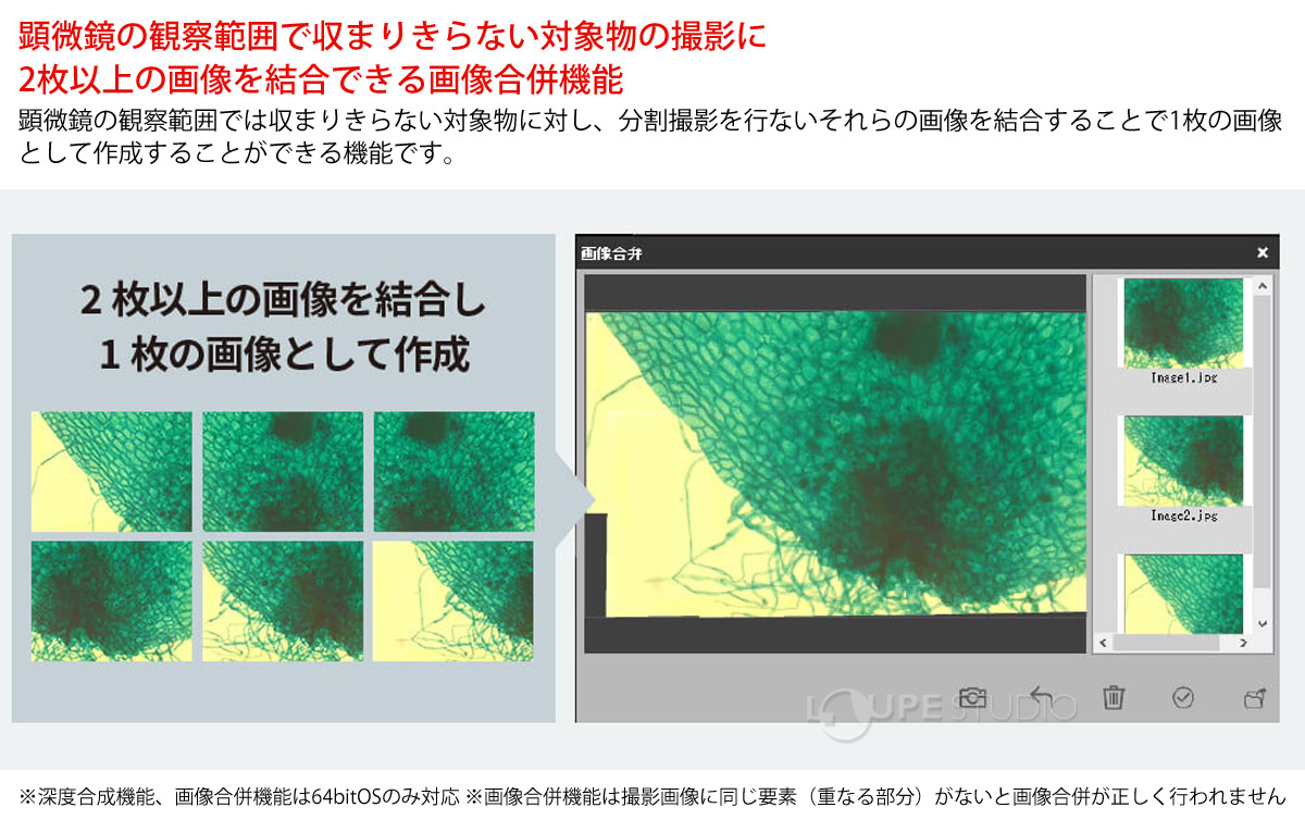 顕微鏡の観察範囲で収まりきらない対象物の撮影に2枚以上の画像を結合できる画像合併機能 