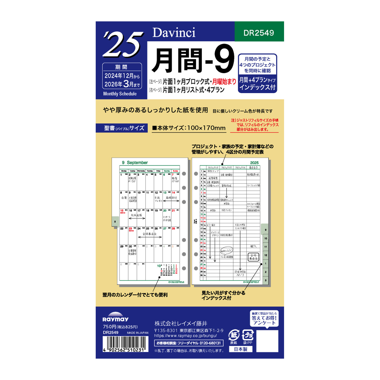 レイメイ藤井 手帳 システム手帳用リフィル ダヴィンチ 月間9 2023年 1月始まりバイブルサイズ マンスリー スケジュール帳 ビジネス手帳 プレゼント 就職祝い 新成人 男性 女性