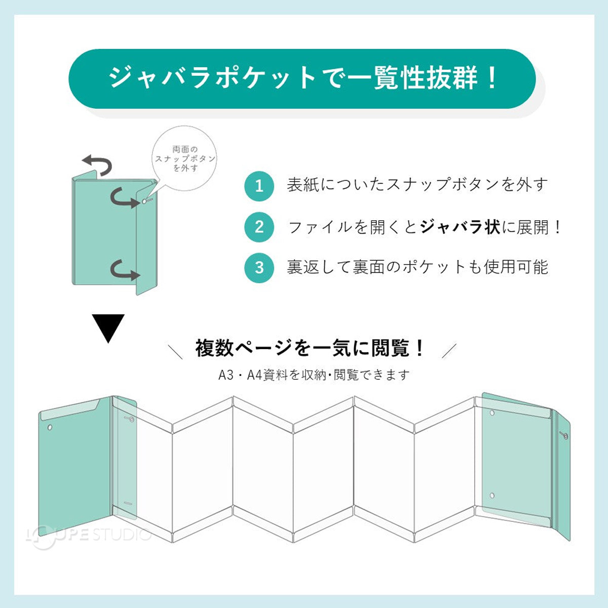 ジャバラポケットで一覧性抜群 