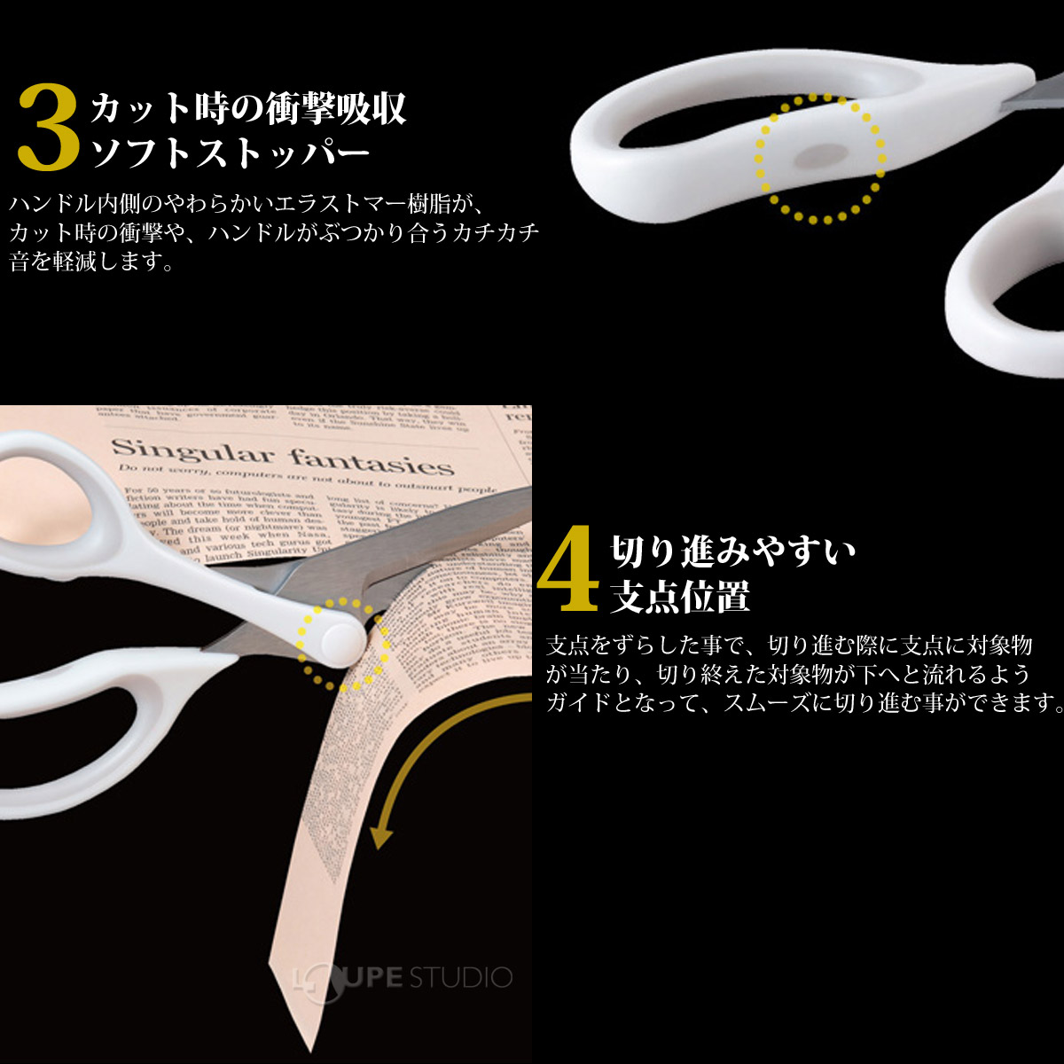 カット時の衝撃吸収ソフトストッパー&切り進みやすい支点位置 