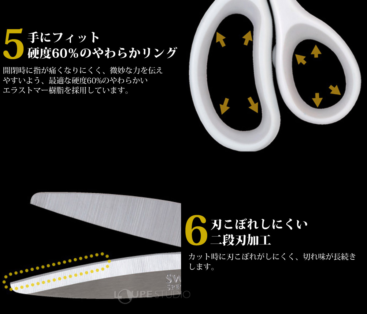 手にフィット硬度60%のやわらかリング&刃こぼれしにくい二段刃加工 