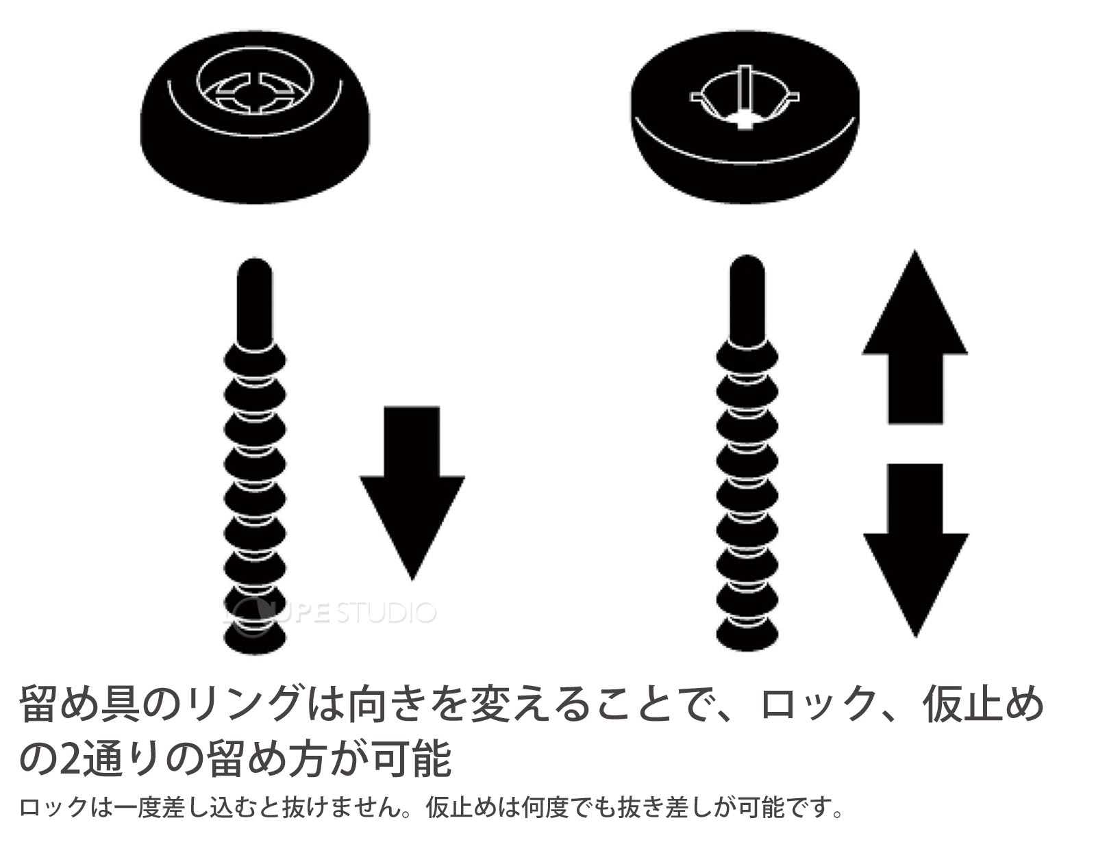 留め具のリングは向きを変えることで、ロック、仮止めの2通りの留め方が可能 