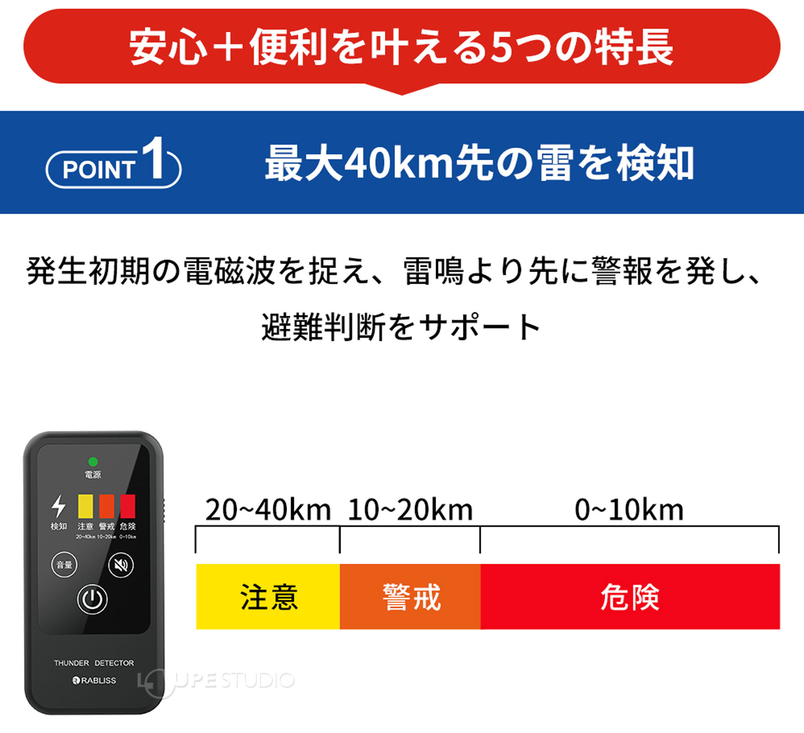 最大40km先の雷を検知 