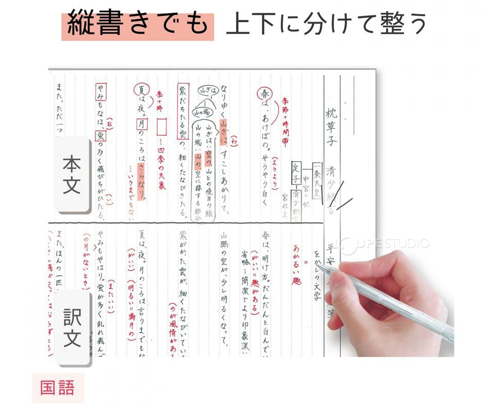 縦書き手も上下に分けて整う 