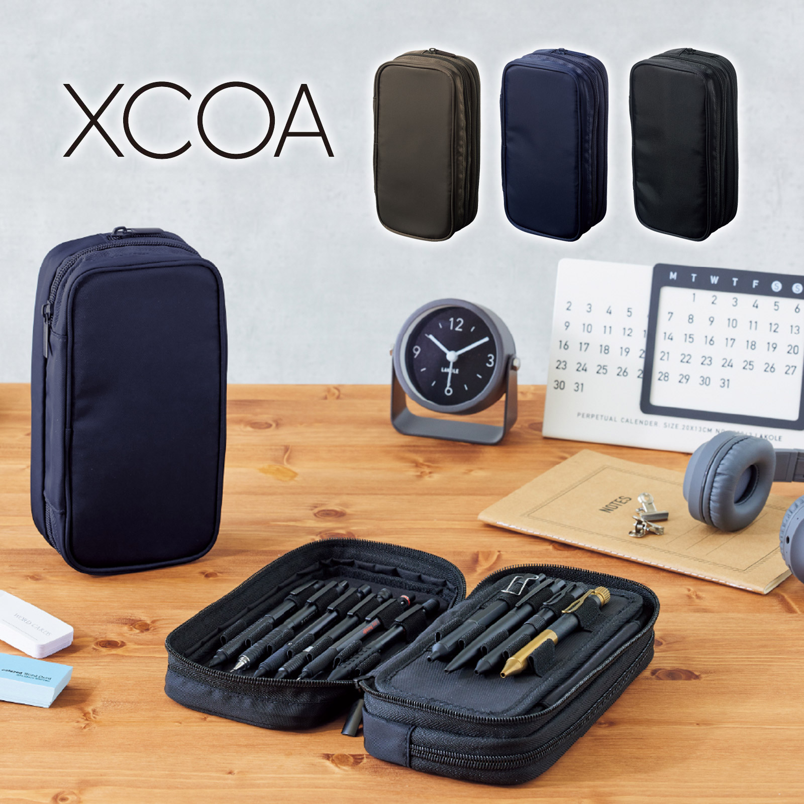 XCOA スプレッドダブル ペンケース 大容量 ペンホルダー部収納本数10本 リヒトラブ 文具 収納 おしゃれ ブラック ネイビー ブラウン 仕切り メッシュポケット プレゼント 学生 オフィス ビジネス エクスコア LIHIT LAB