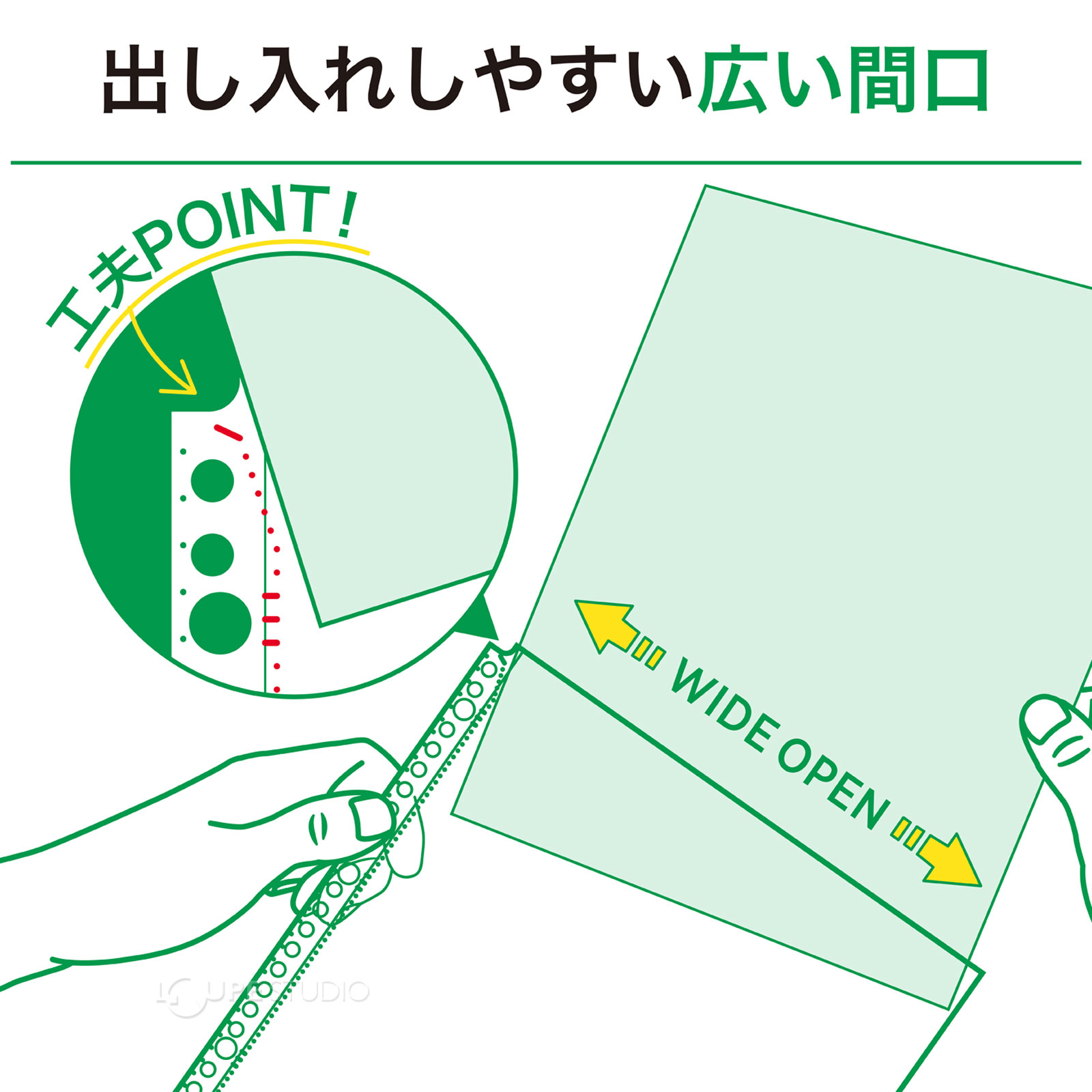 出し入れしやすい広い間口 