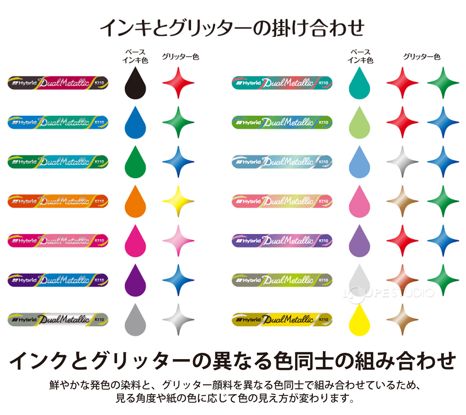 インクとグリッターの異なる色同士の組み合わせ