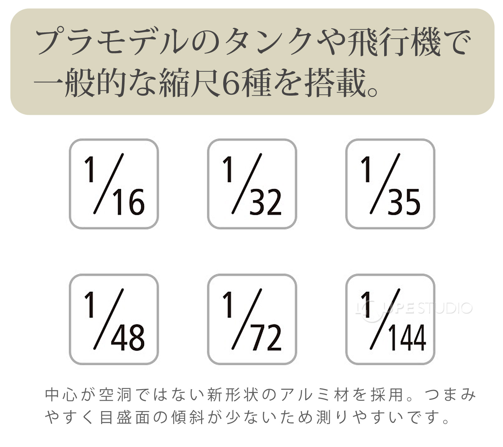 プラモデルのタンクや飛行機で一般的な縮尺6種を搭載。