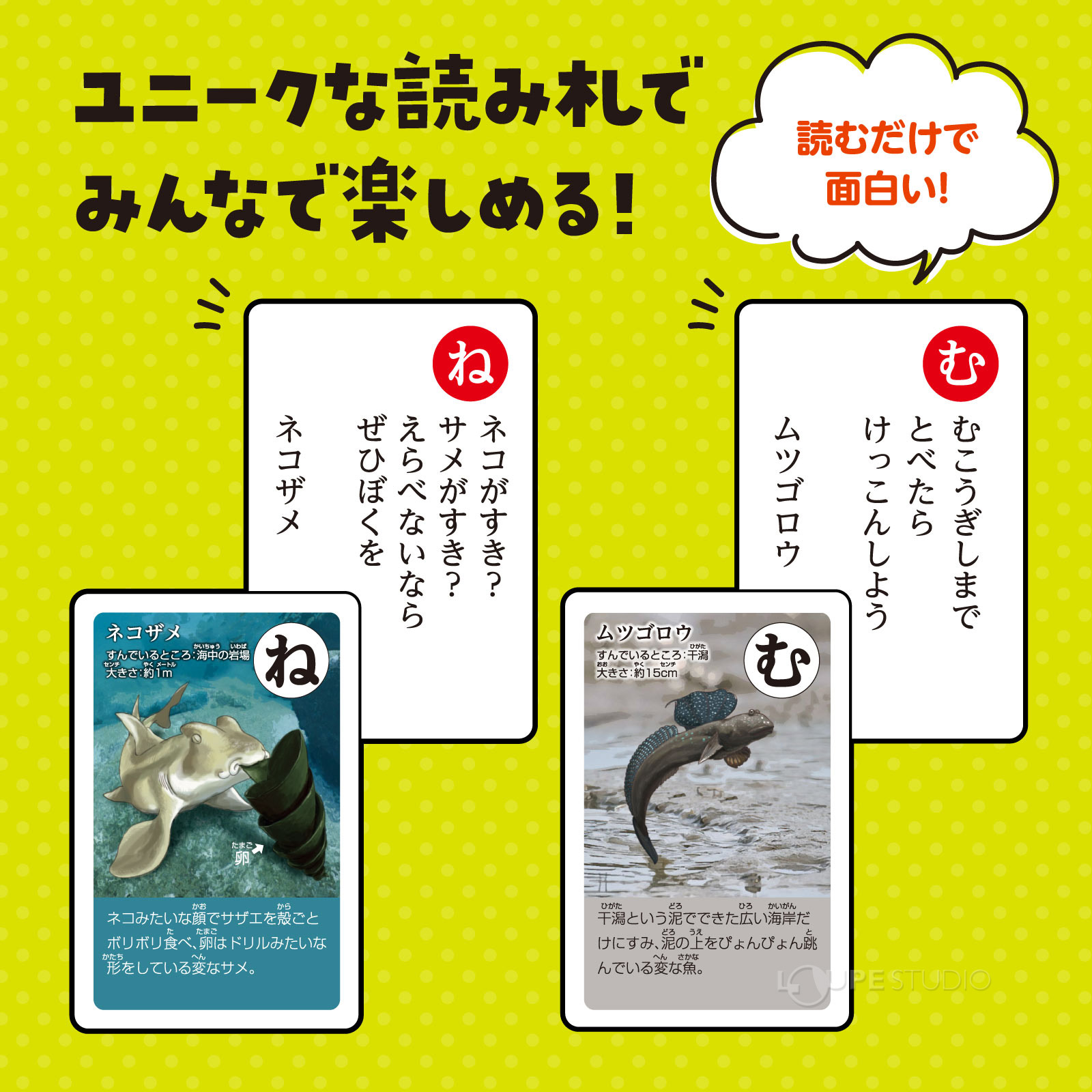 ユニークな読み札でみんなで楽しめる 