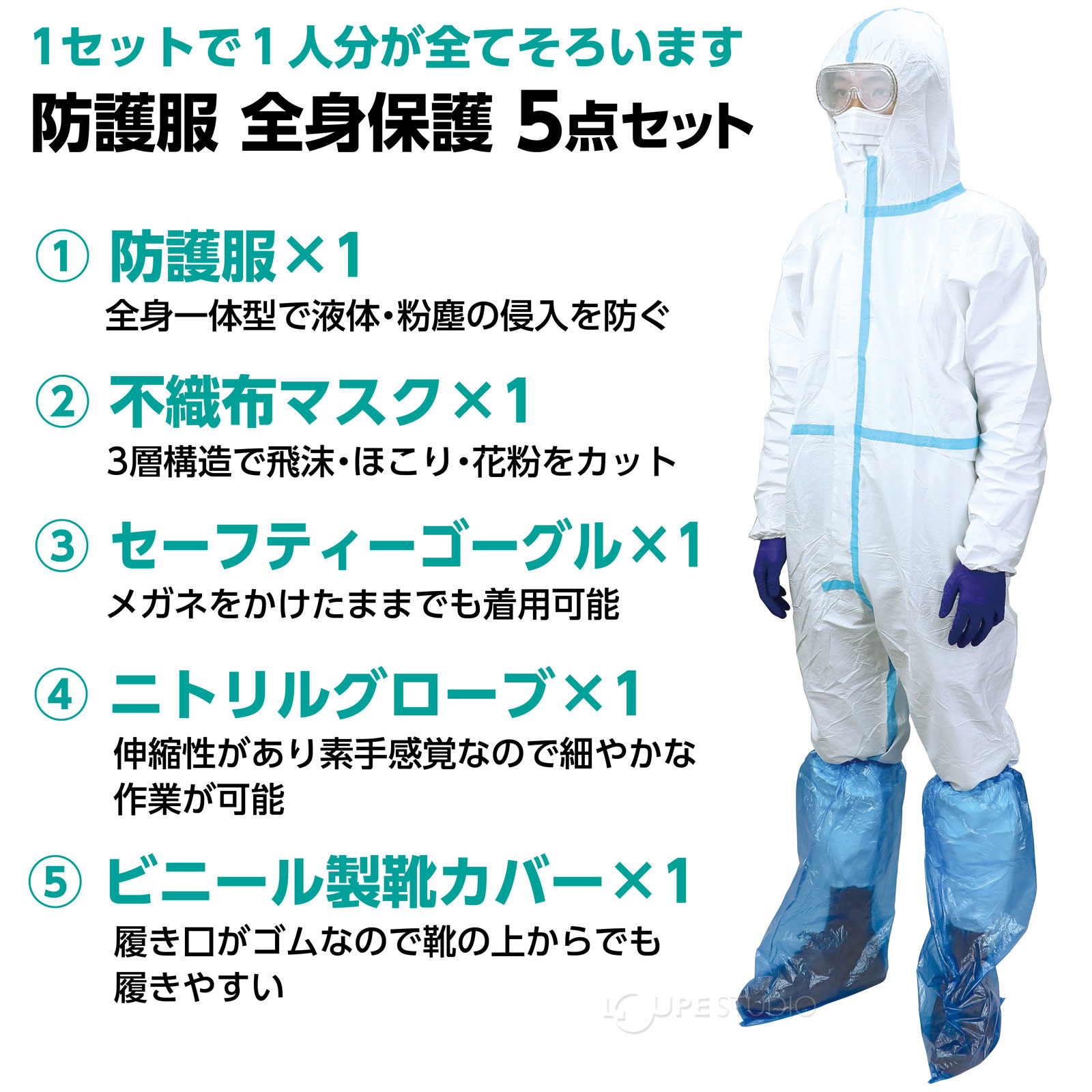 防護服 使い捨て 全身保護5点セットS 保護服 作業着 ウイルス対策