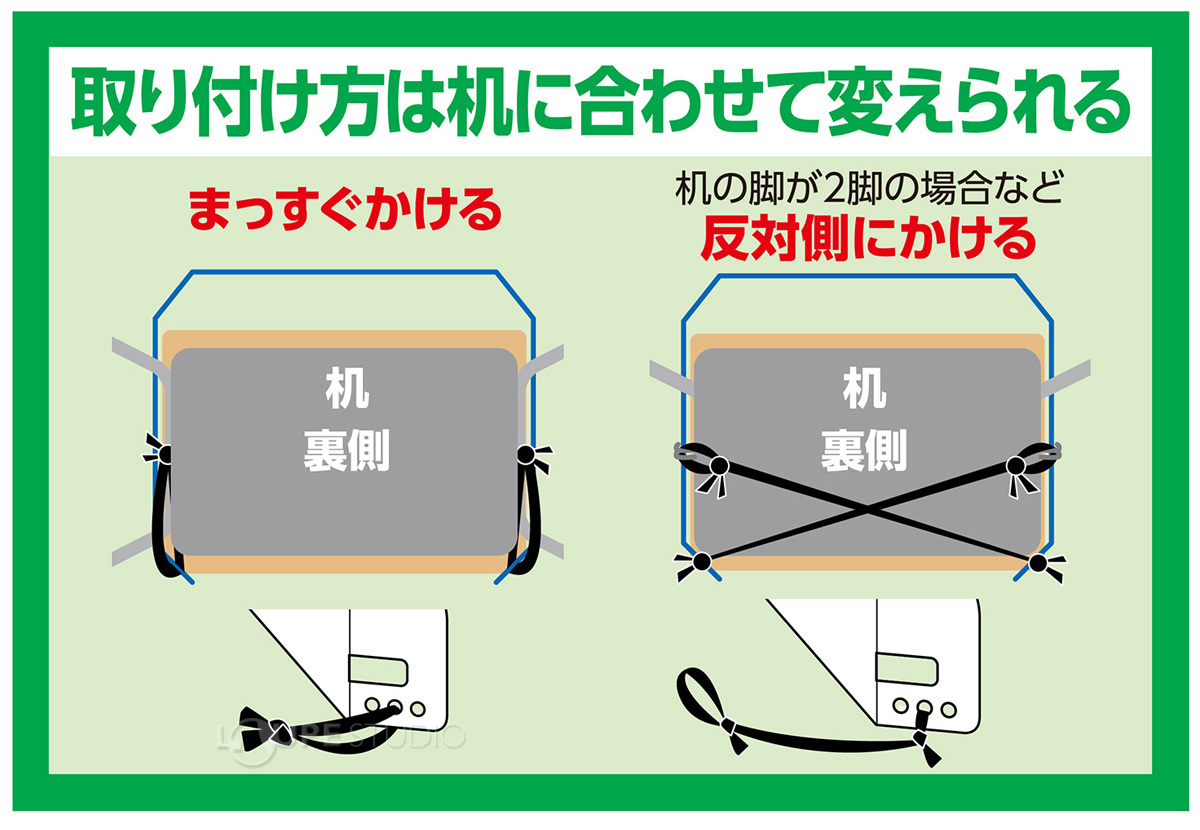 取り付け方は机に合わせて変えられる 