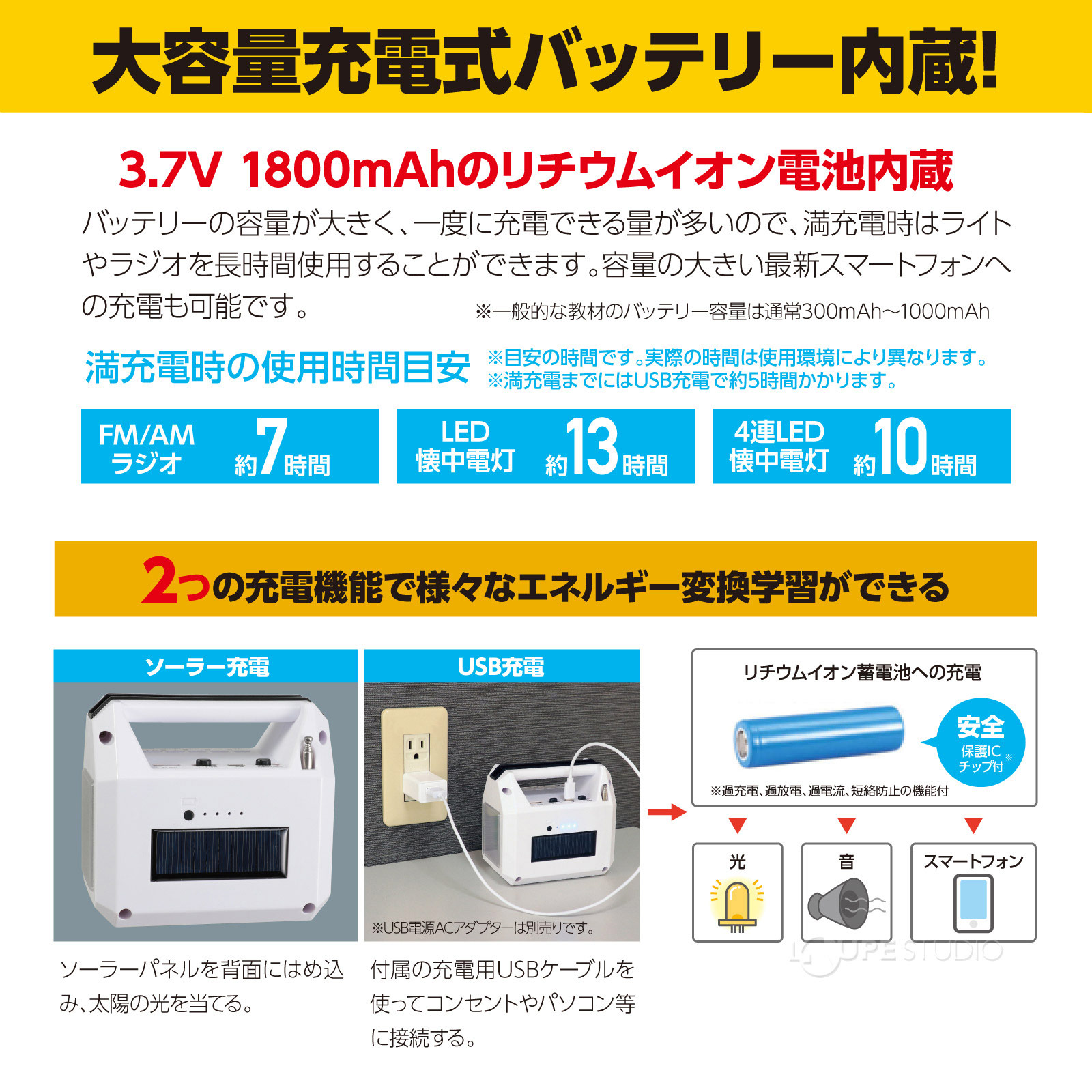 大容量充電式バッテリー内蔵! 