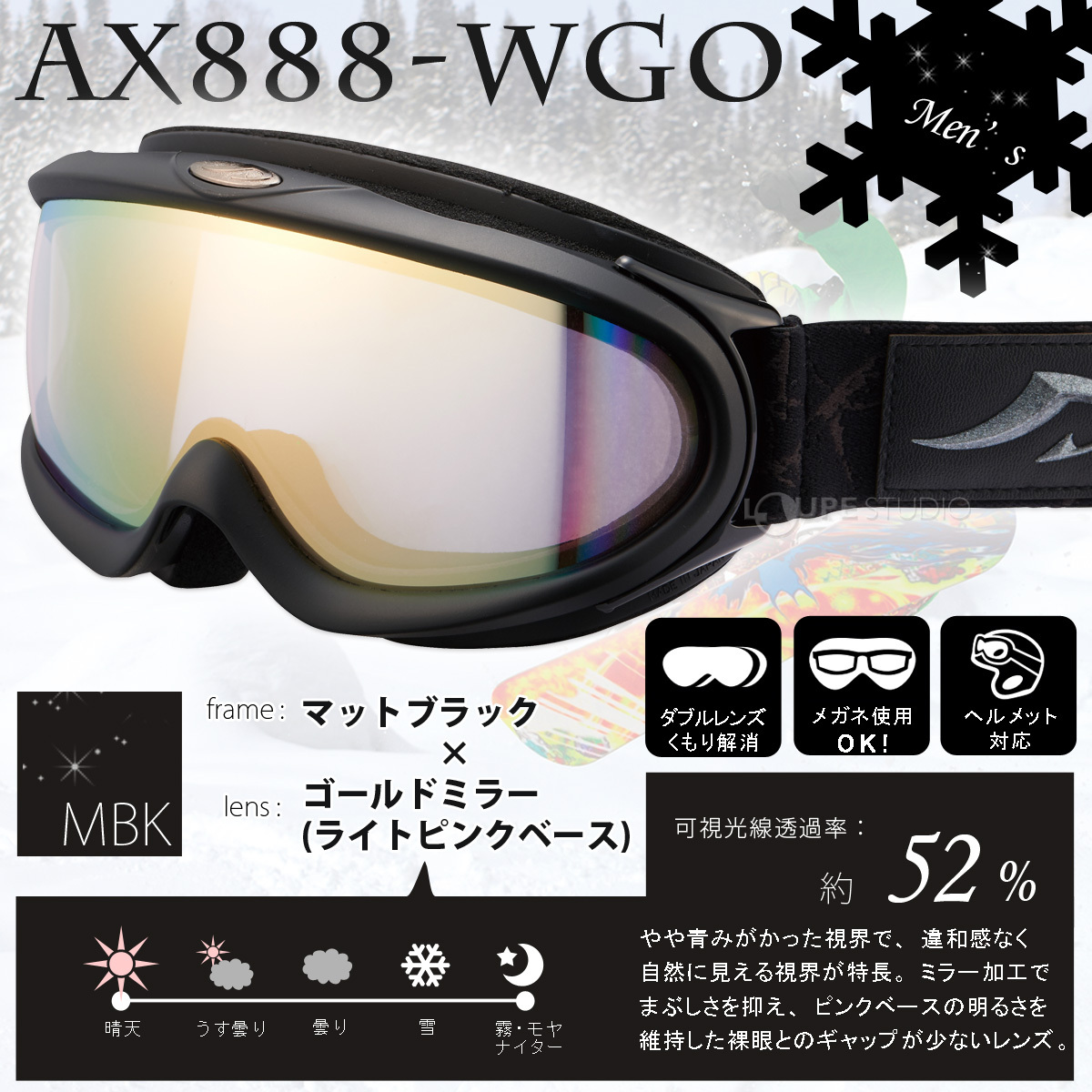 ゴーグル 眼鏡対応 日本製 ダブルレンズ 曇り止め AX888-WGO-MBK