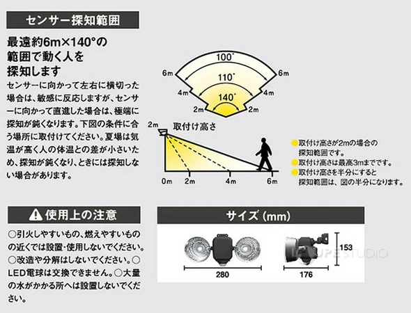 センサー探知範囲&使用上の注意&サイズ 