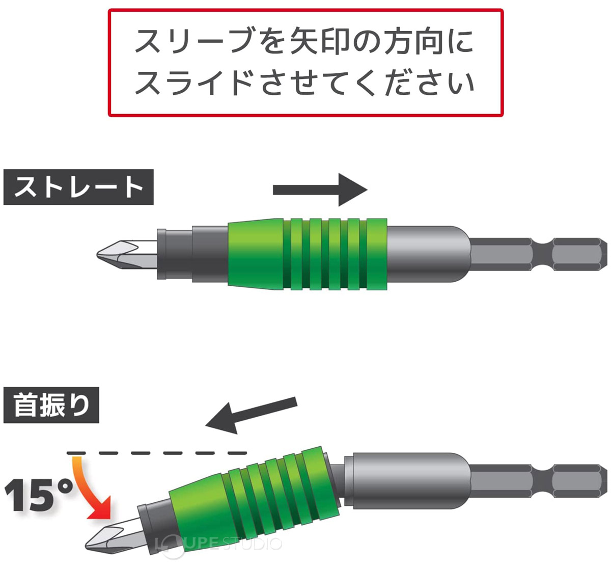 スリーブを矢印の方向にスライドさせてください 