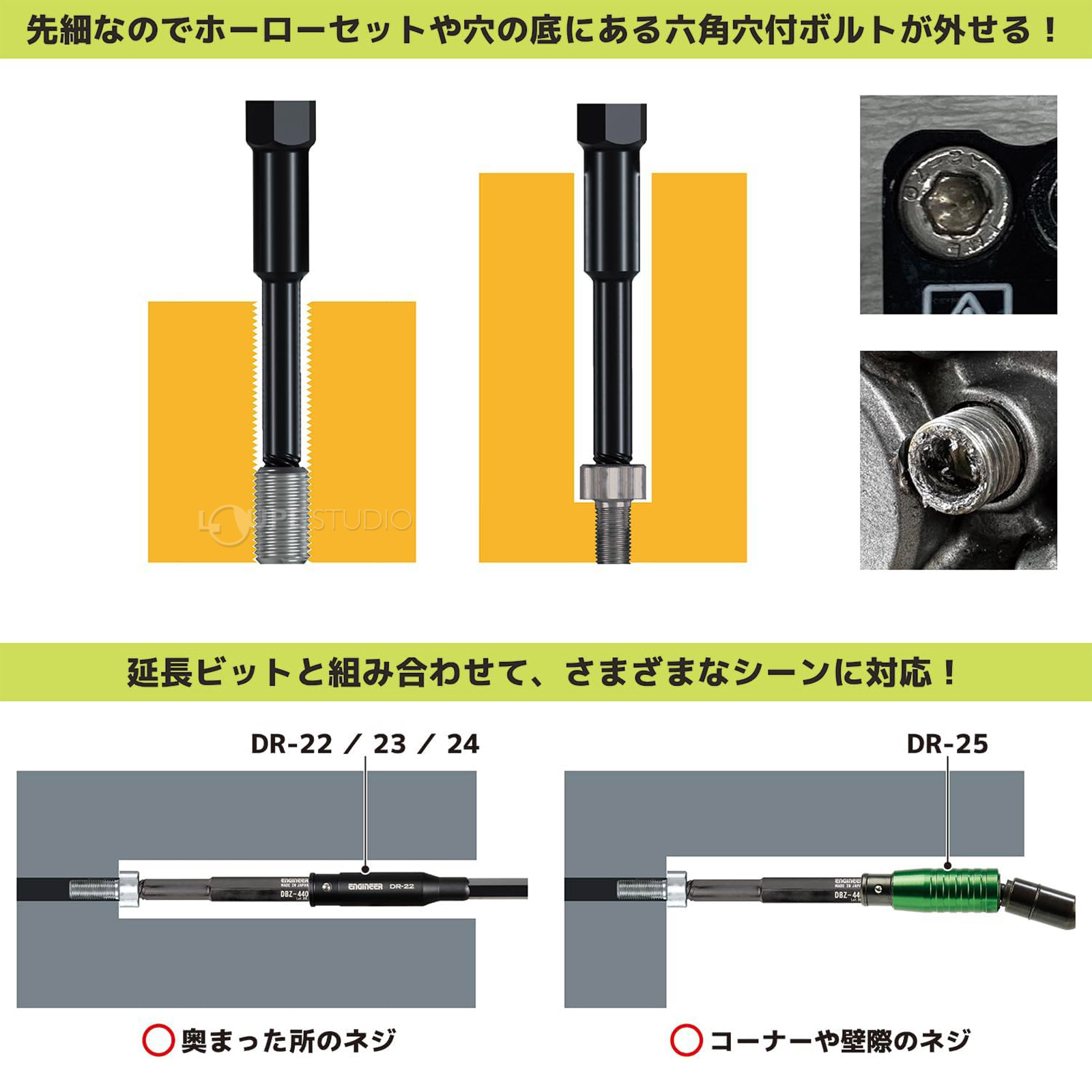 先細なのでホーローセットや穴の底にある六角穴付ボルトが外せる 
