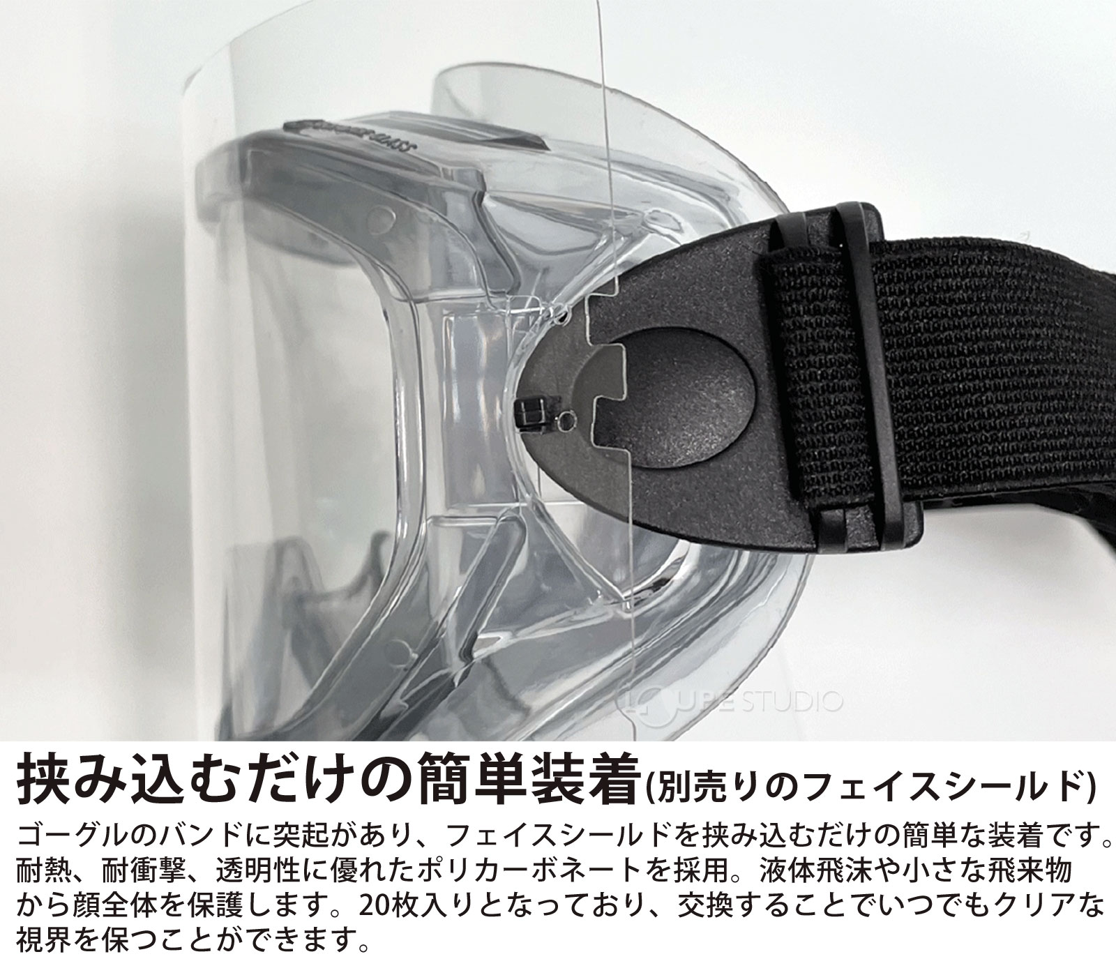 挟み込むだけの簡単装着(別売りのフェイスシールド) 