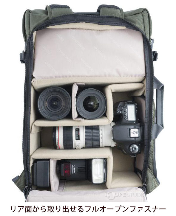 リア面から取り出せるフルオープンファスナー 