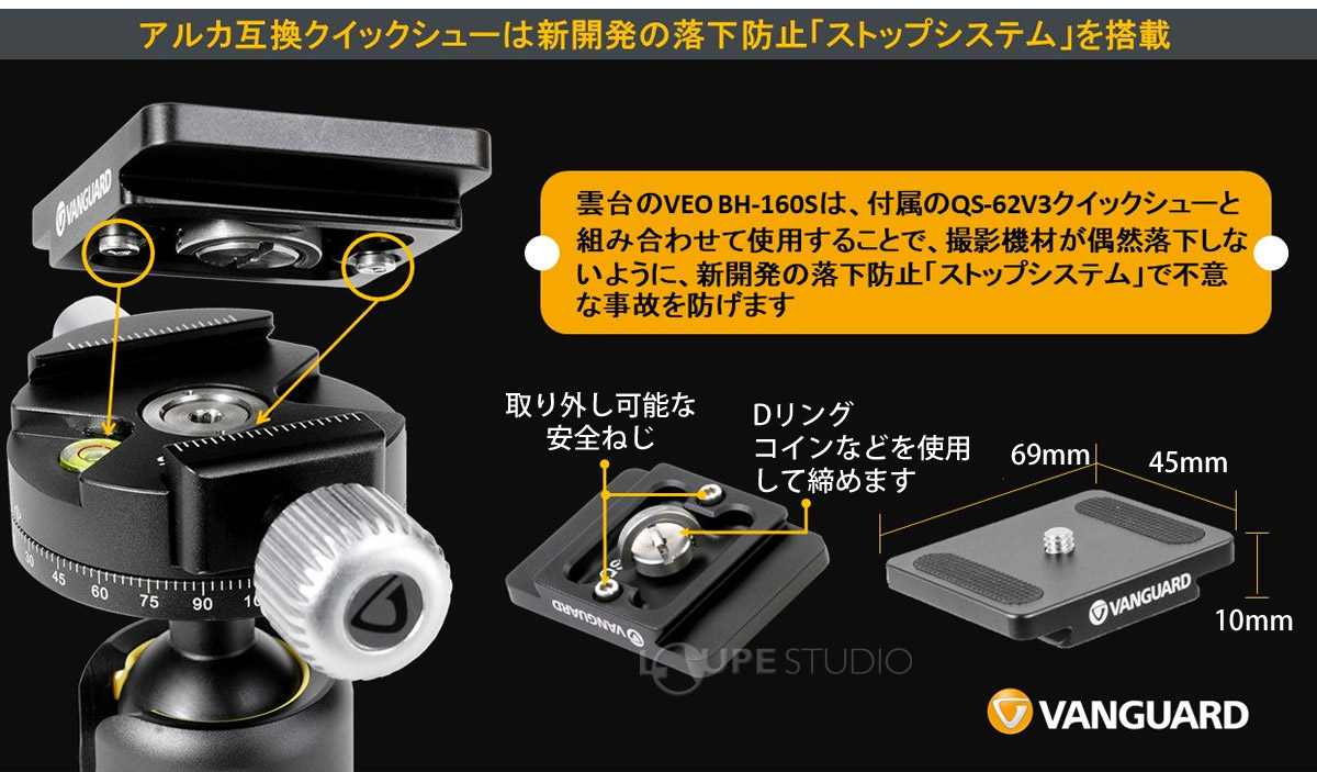 アルカ互換クイックシューは新開発の落下防止「ストップシステム」を搭載