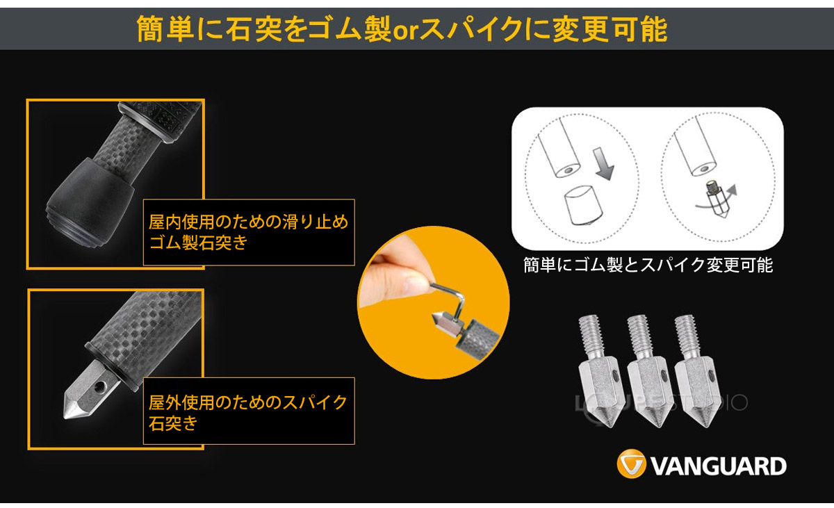 簡単に石突をゴム製orスパイクに変更可能 
