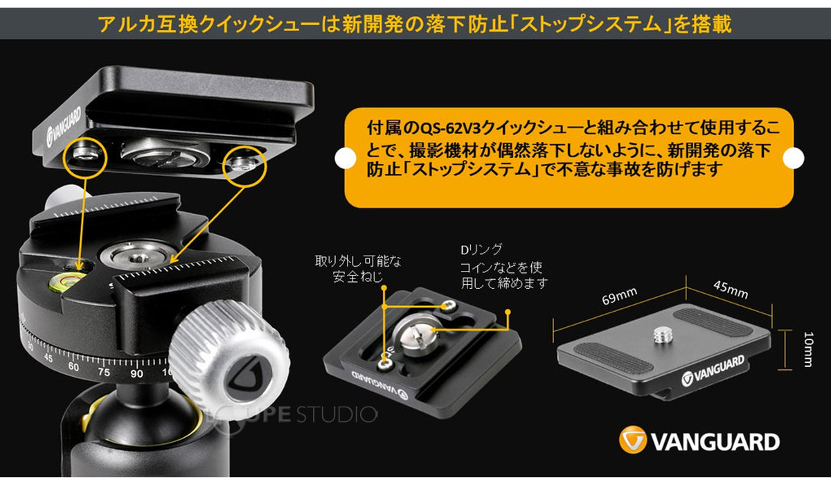 アルカ互換クイックシューは新開発の落下防止「ストップシステム」を搭載
