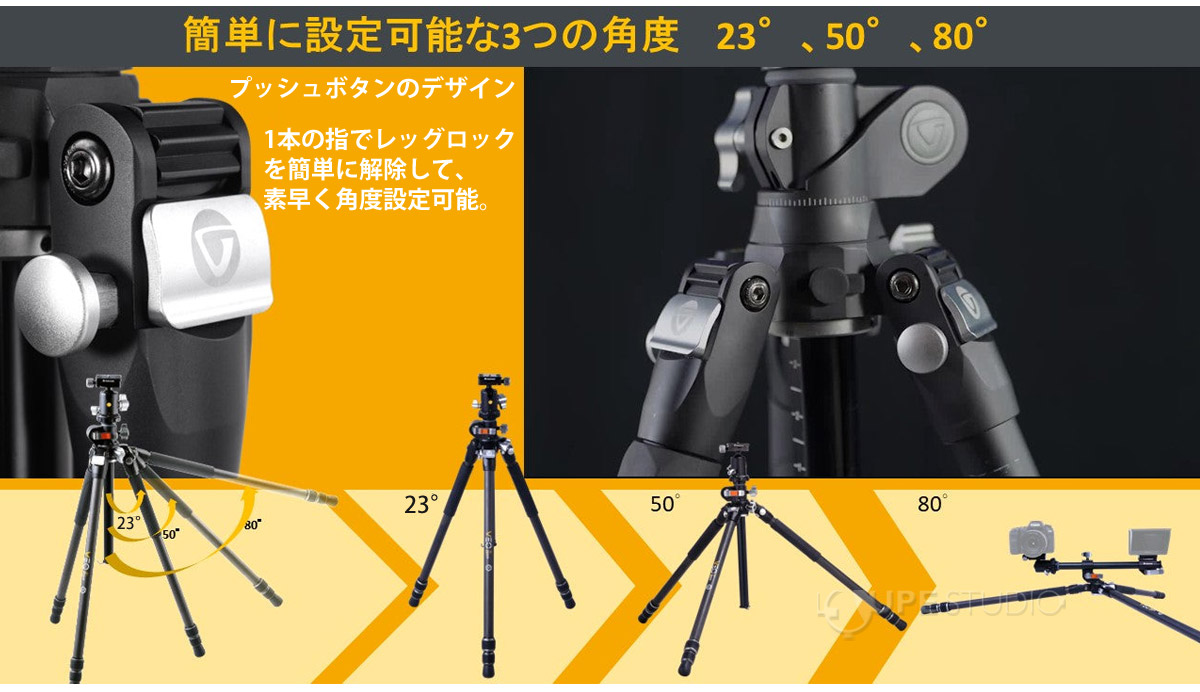 簡単に設定可能な3つの角度25°、50°、80°