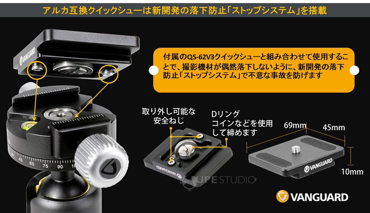 アルカ互換クイックシューは新開発の落下防止「ストップシステム」を搭載