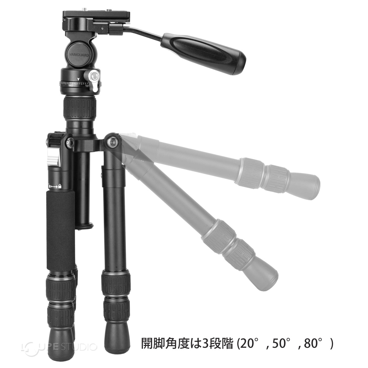 開脚角度は3段階 (20°, 50°, 80°) 